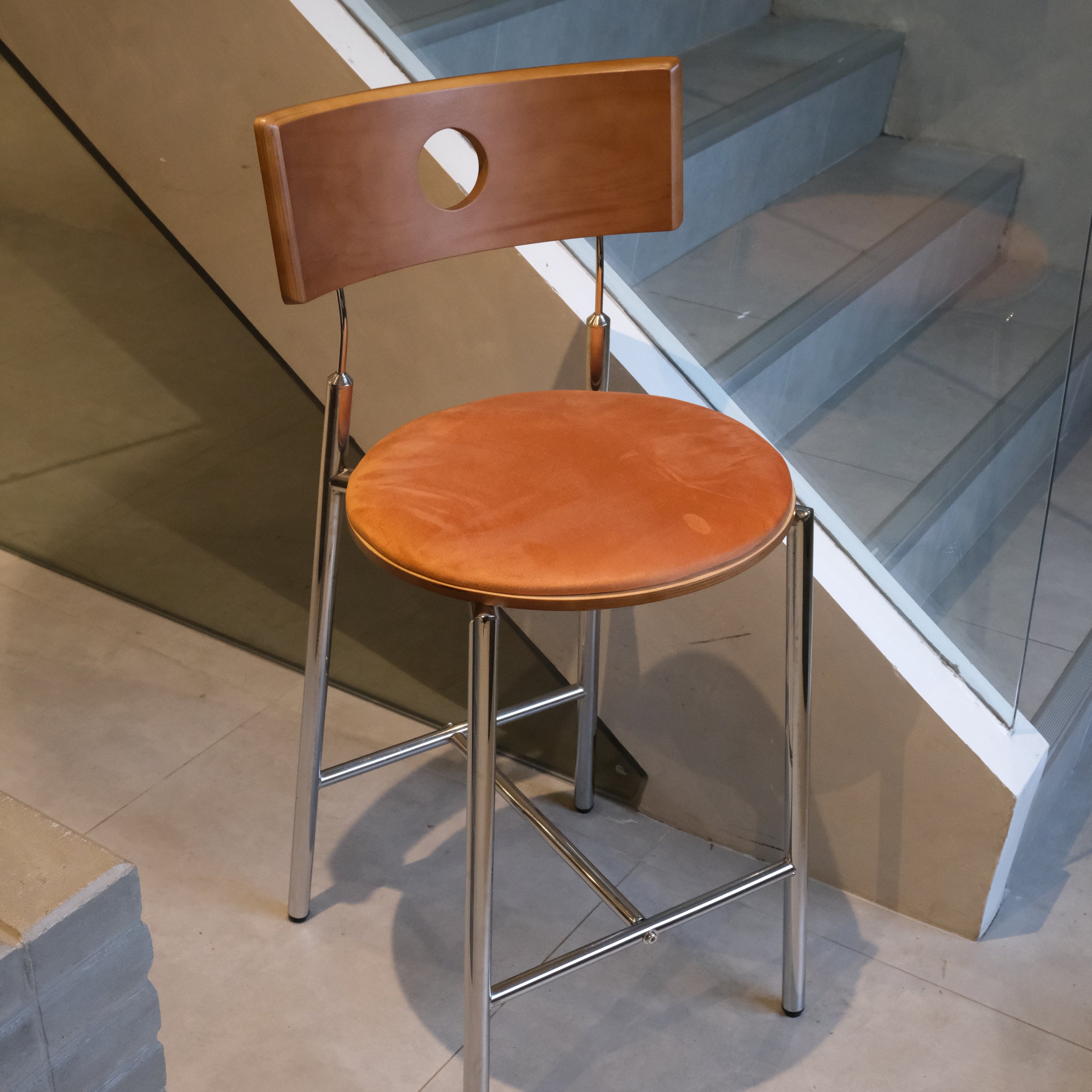 Mavy Bar Stool Walnut Brown Orange Seat 65cm